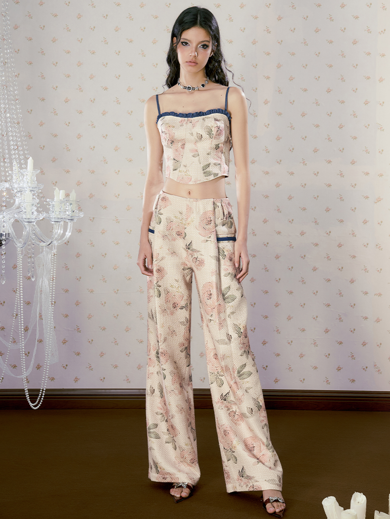 Lace-Up Flower Retro Cropped Sweet Camisole&amp;Wide-Pants