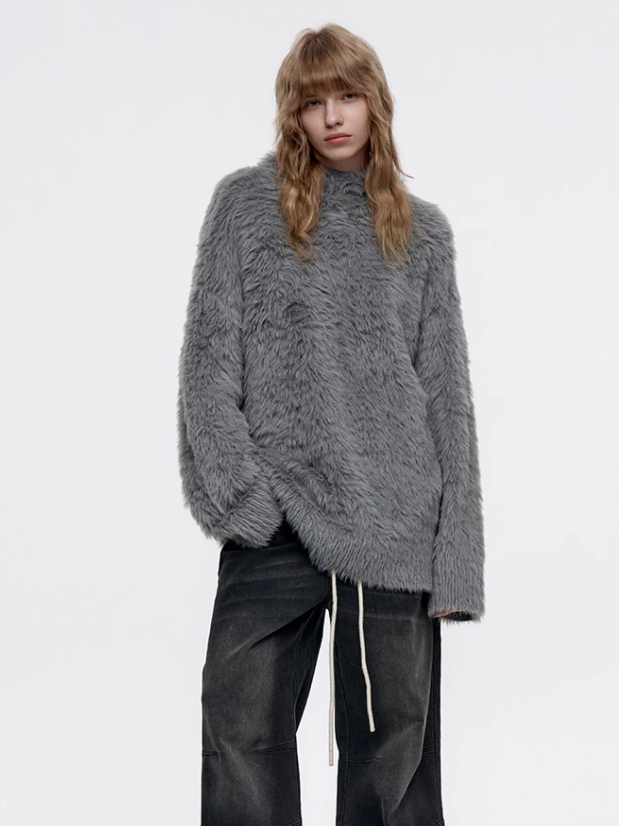 Oversize Long Fluffily Chic Hoodie Earth-Color Mohair-Knit