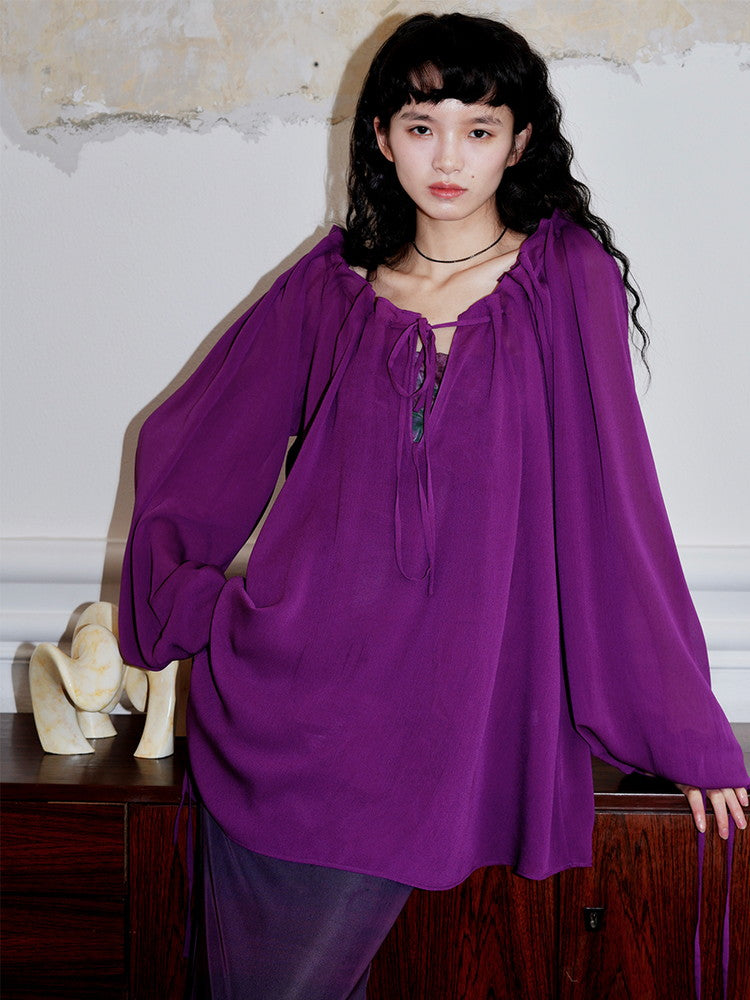 Loose Flare Long-Sleeve Sheer Blouse