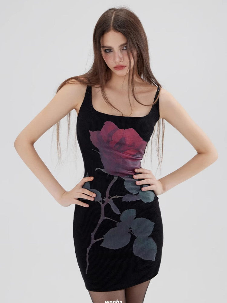 Tight Slim-Fit Body-Conscious Camisole Flower Short One-Pieec