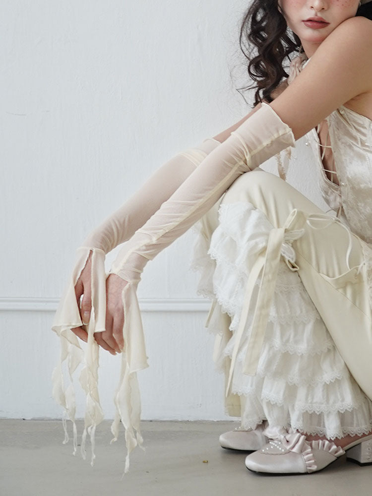 Sheer Ruffle Thin Long Asymmetry Arm-Cover