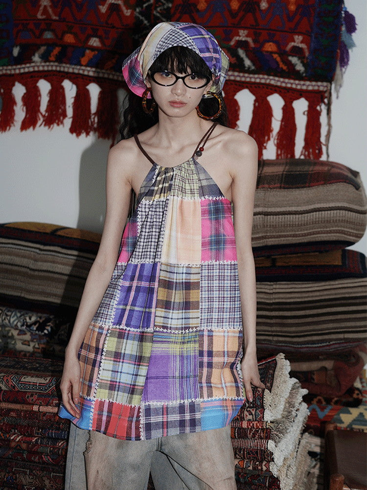 Patchwork Fancy Checked Back-Open Dress