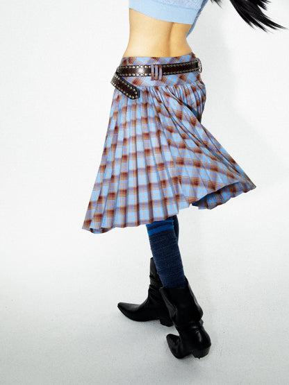 Checked Retro Pleats Asymmetry Nichi Girly Skirt