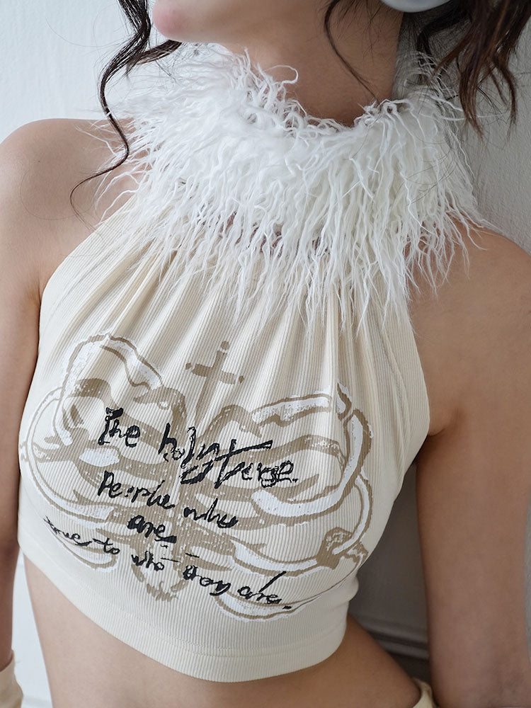 Back-Open Halter-Neck Fur Short Tops