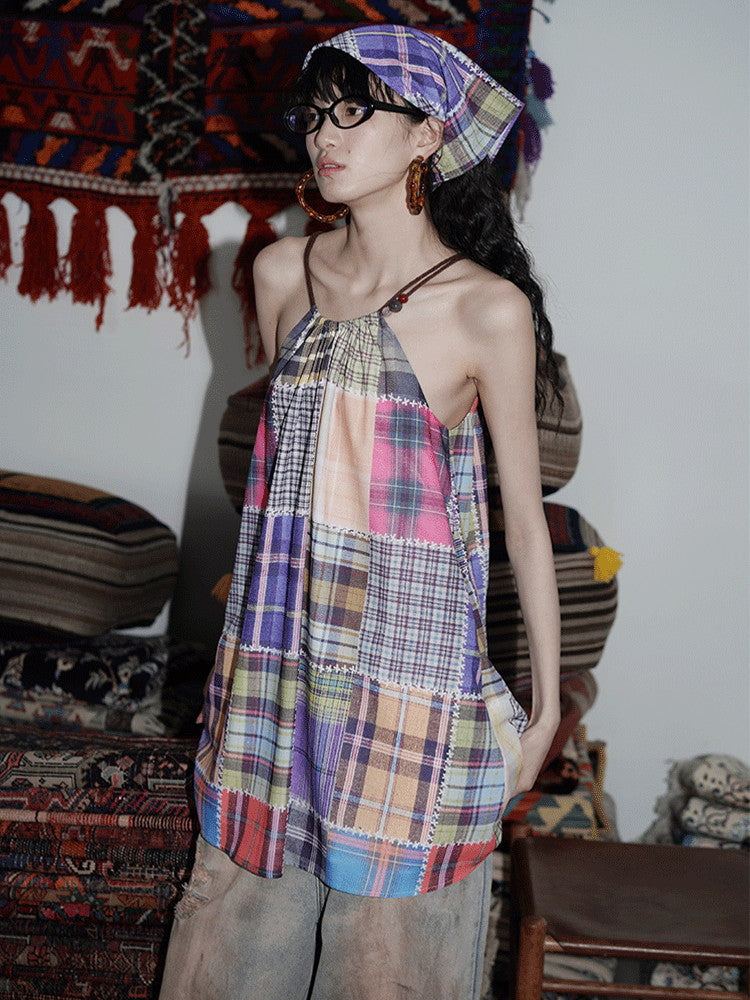 Patchwork Fancy Checked Back-Open Dress