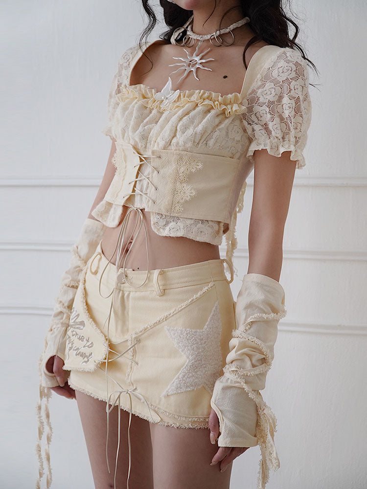 Gather Frull Lace-Up Natural Short Flower-Lace Blouse