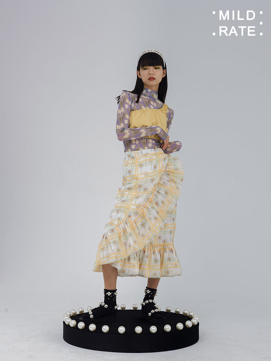 Wrap Flower Frill Girly Flare Retro Checked Long-Skirt