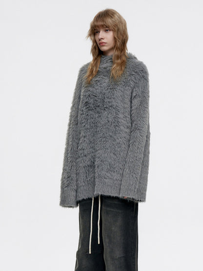 Oversize Long Fluffily Chic Hoodie Earth-Color Mohair-Knit