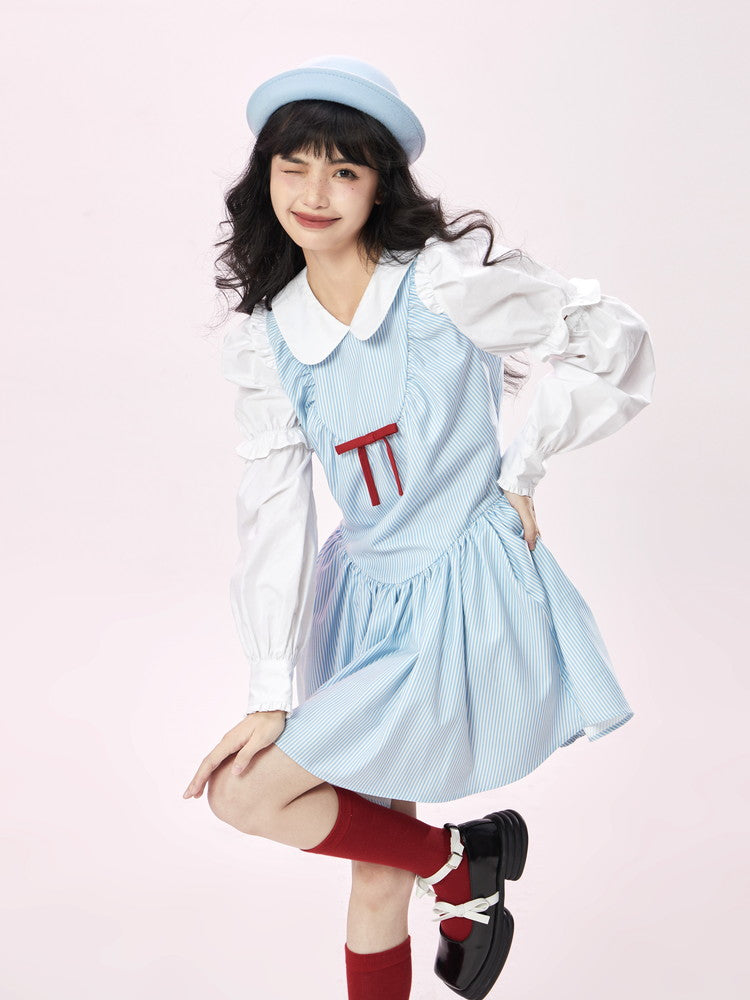 2Way Stripe Fluffily Girly Ribbon Mamluk-Sleeve Dress