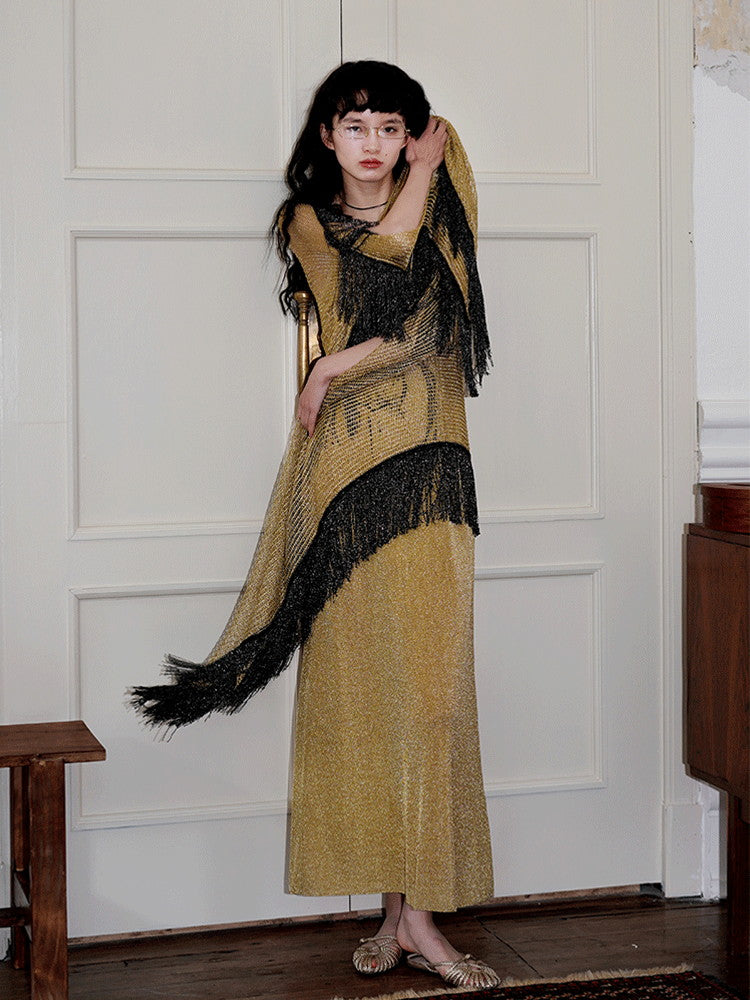 Mesh Metallic Tassel Fringe Sheer Stole