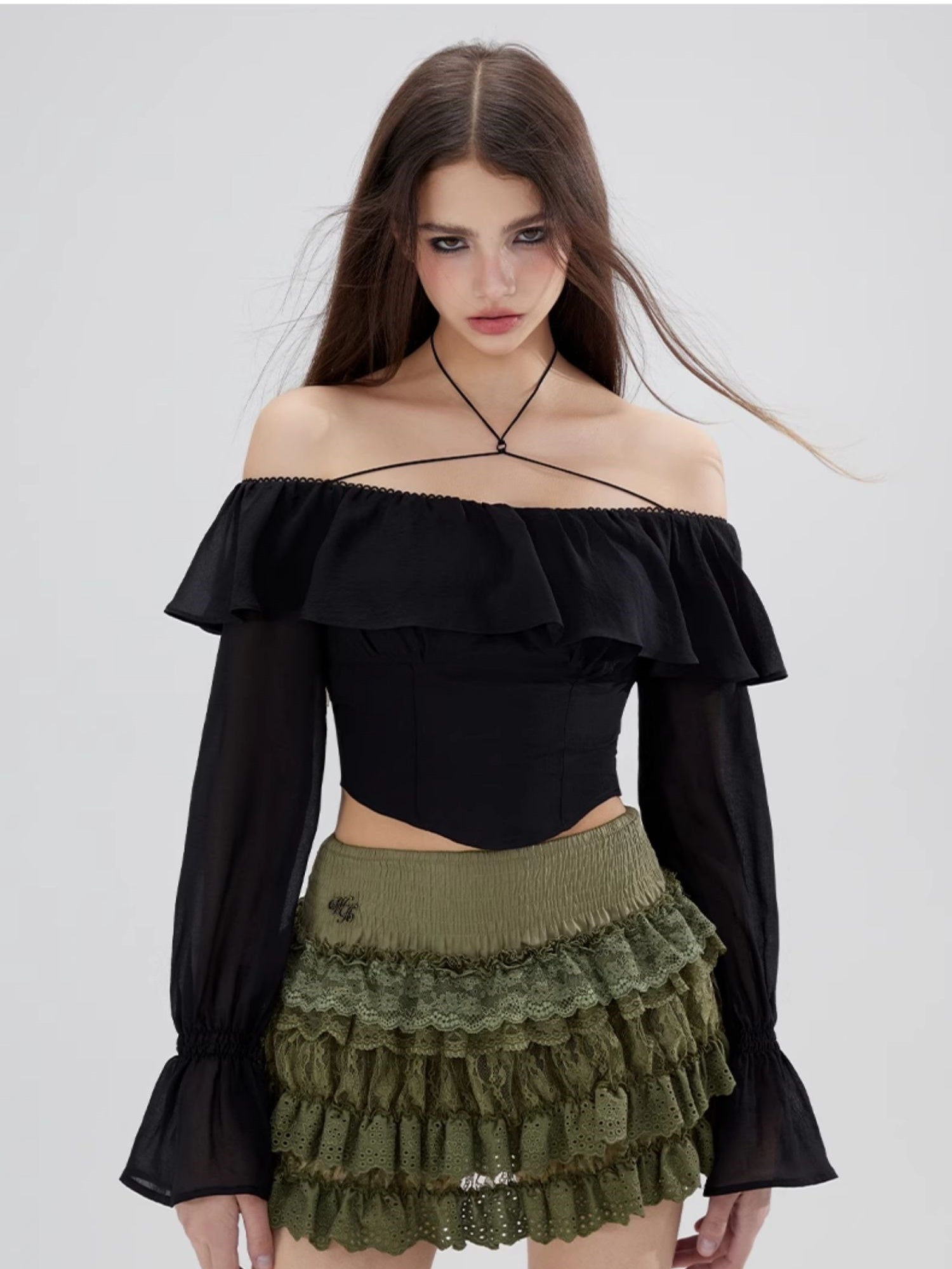 Off-Shoulder Ruffle Frill Plain Candy-Sleeve Blouse