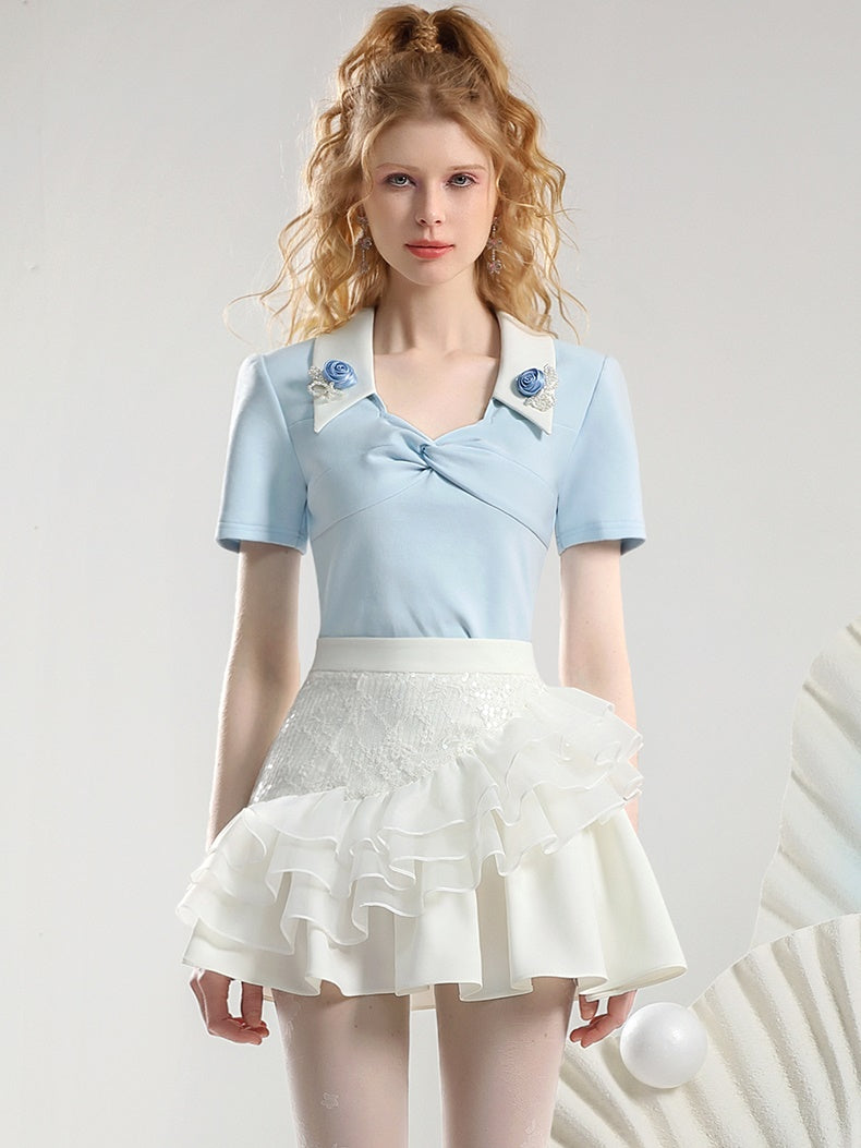 Set-Up Feminine Lace Frill Ribbon Volume Flower Blouse＆Mini-Skirt