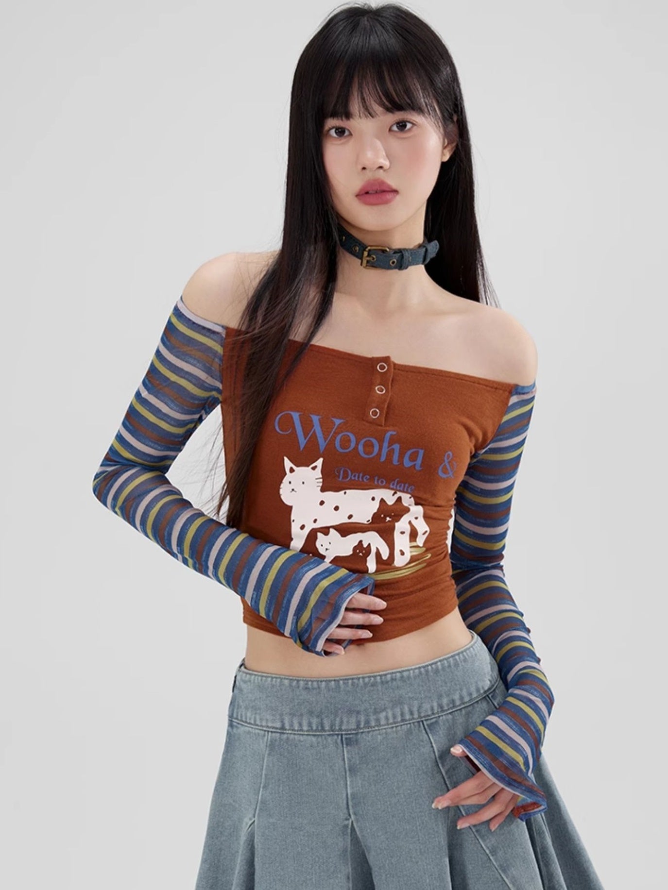 Off-Shoulder Border Animal Cat Fancy Unique Casual Tops