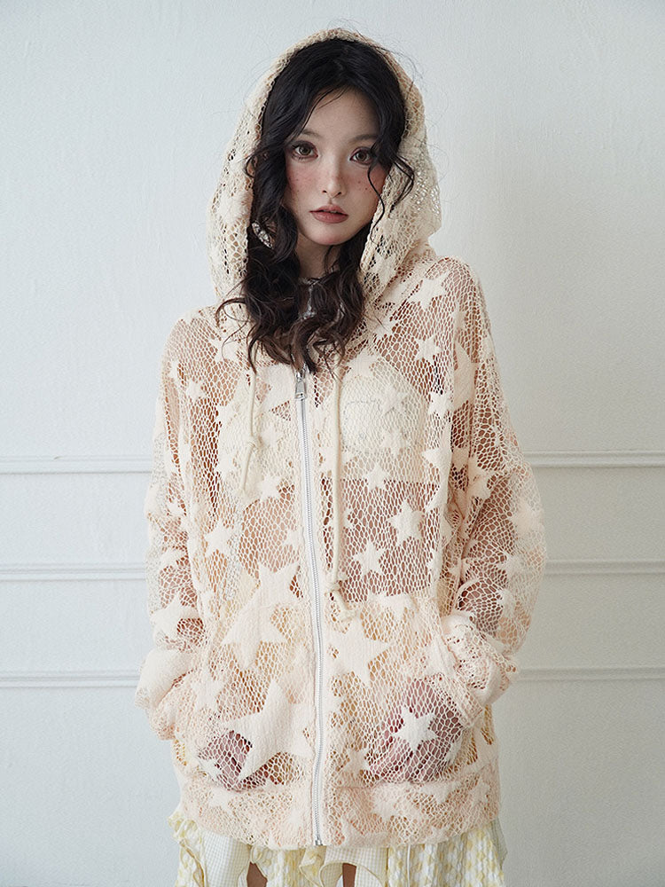 Mesh See-Through Star Casual Oversize Parka