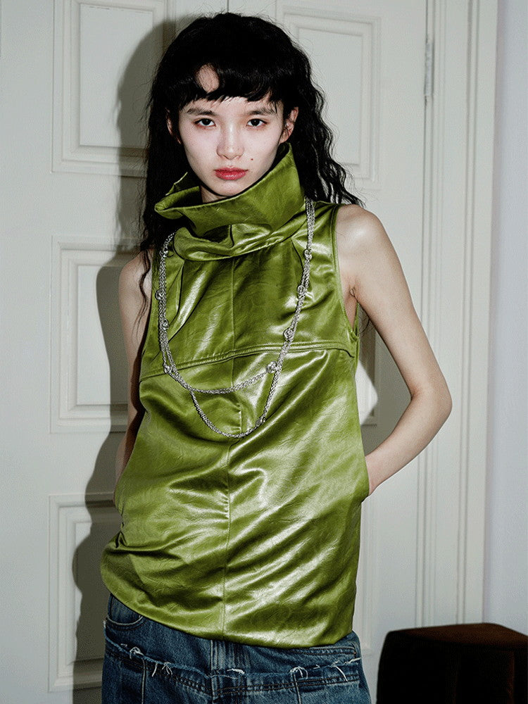 High-Neck No-Sleeve Metallic Drape Tops