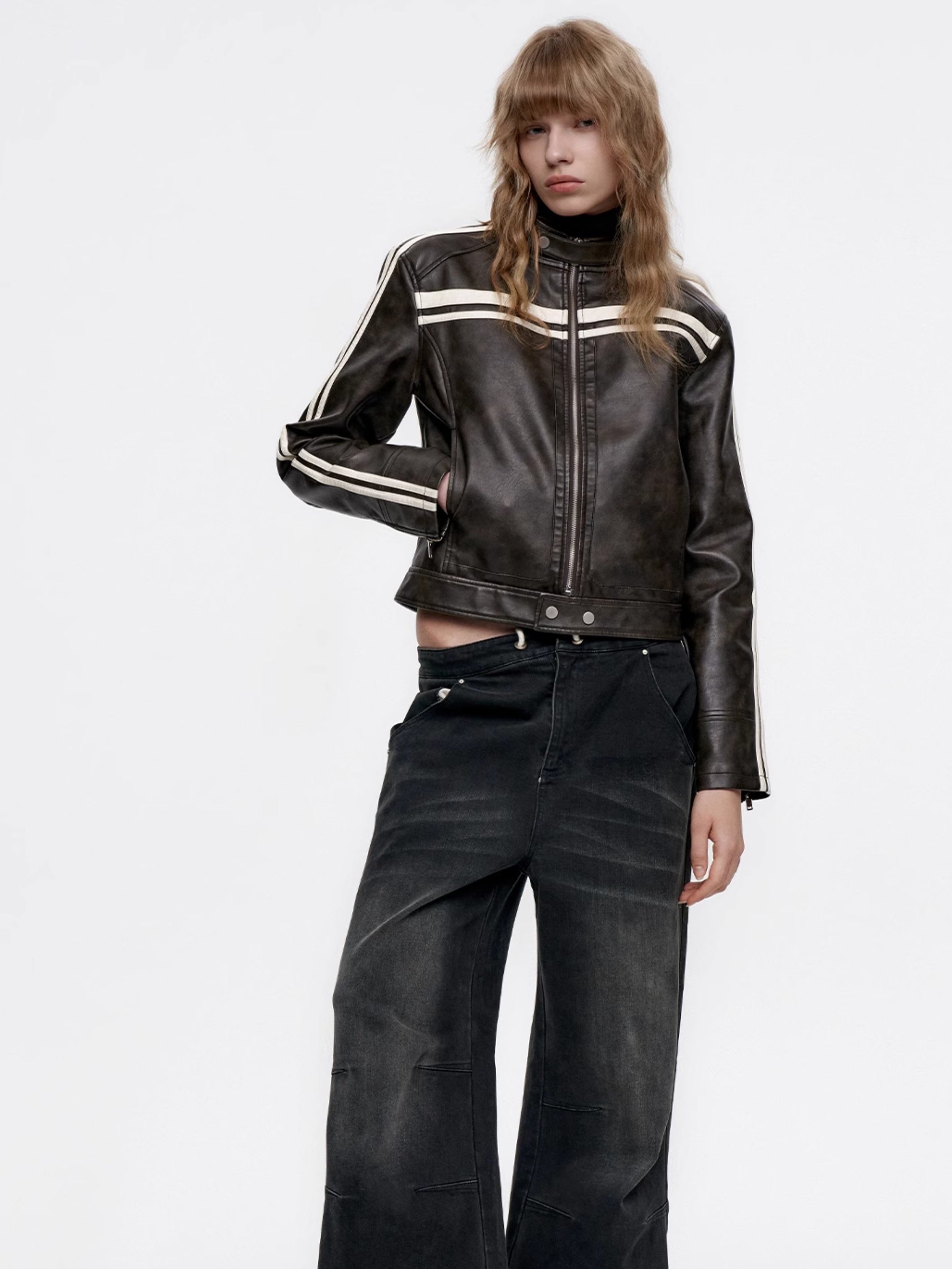 Line Casual Short Smooth Sporty Leather-Jacket