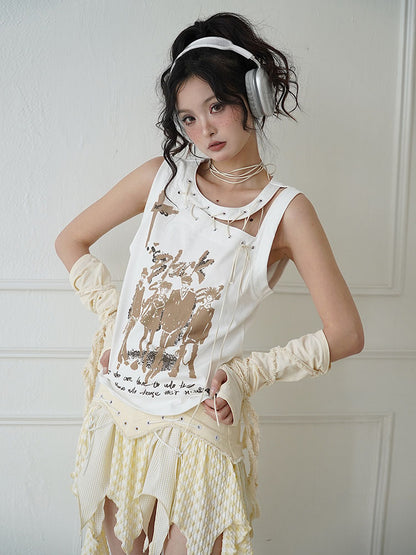 Lace-Up Nichi Nop-Sleeve Casual Character Tops