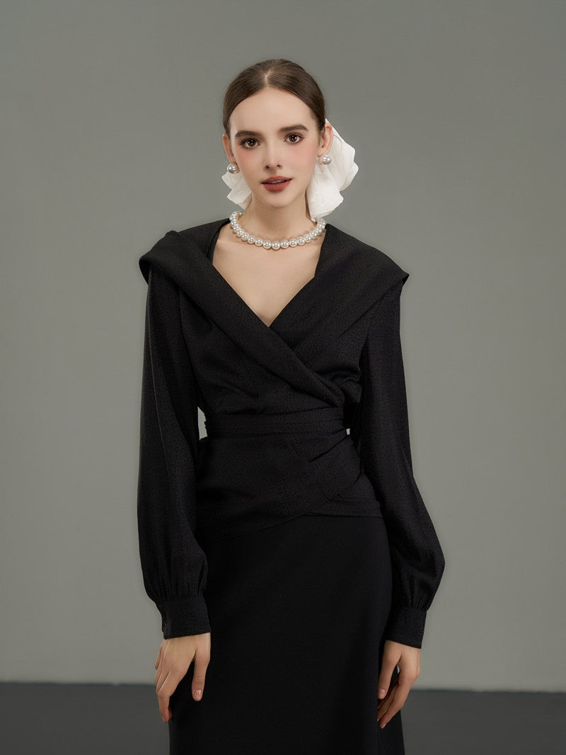V-Neck Waist-Ribbon Nichi Asymmetry Tops – ARCANA ARCHIVE