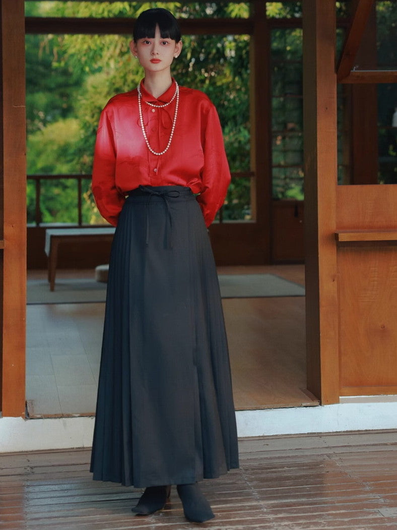 Box-Pleats Flare A-Line High-Waist Long-Skirt