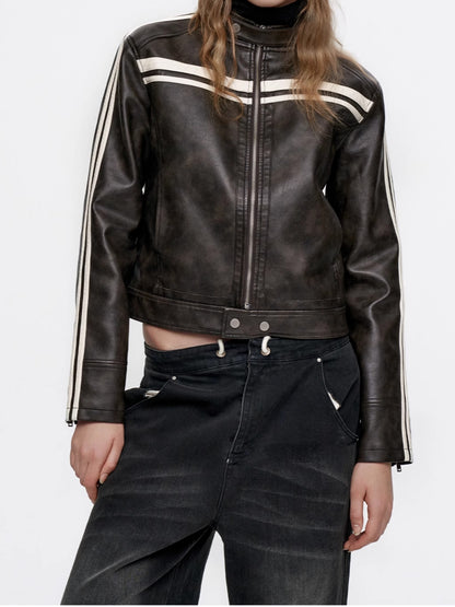 Line Casual Short Smooth Sporty Leather-Jacket