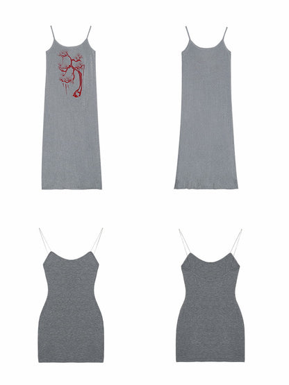 2Set Mesh Camisole Layered Long Pine Dress