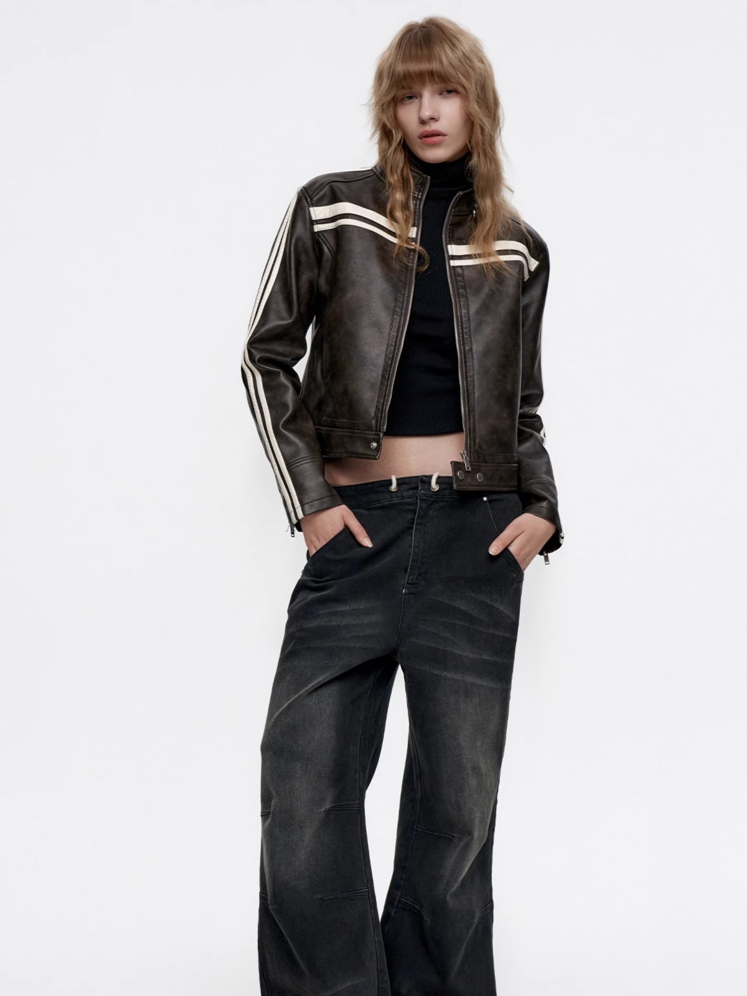 Line Casual Short Smooth Sporty Leather-Jacket