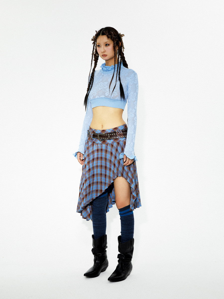 Checked Retro Pleats Asymmetry Nichi Girly Skirt