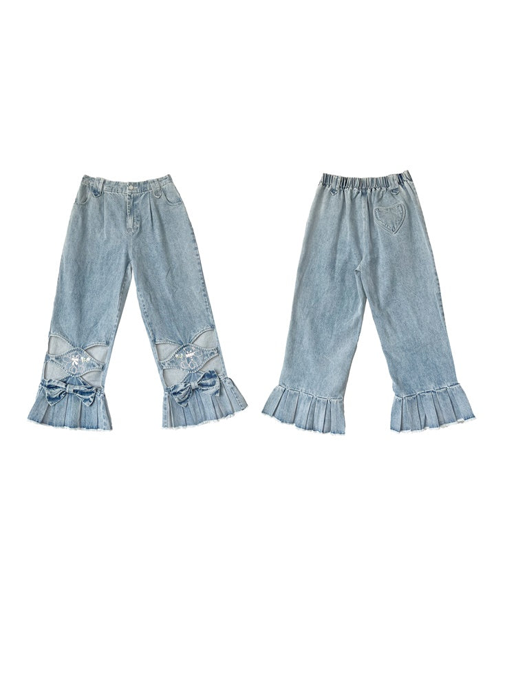 Ribbon Frill Denim Pleats Girly Unique Pants