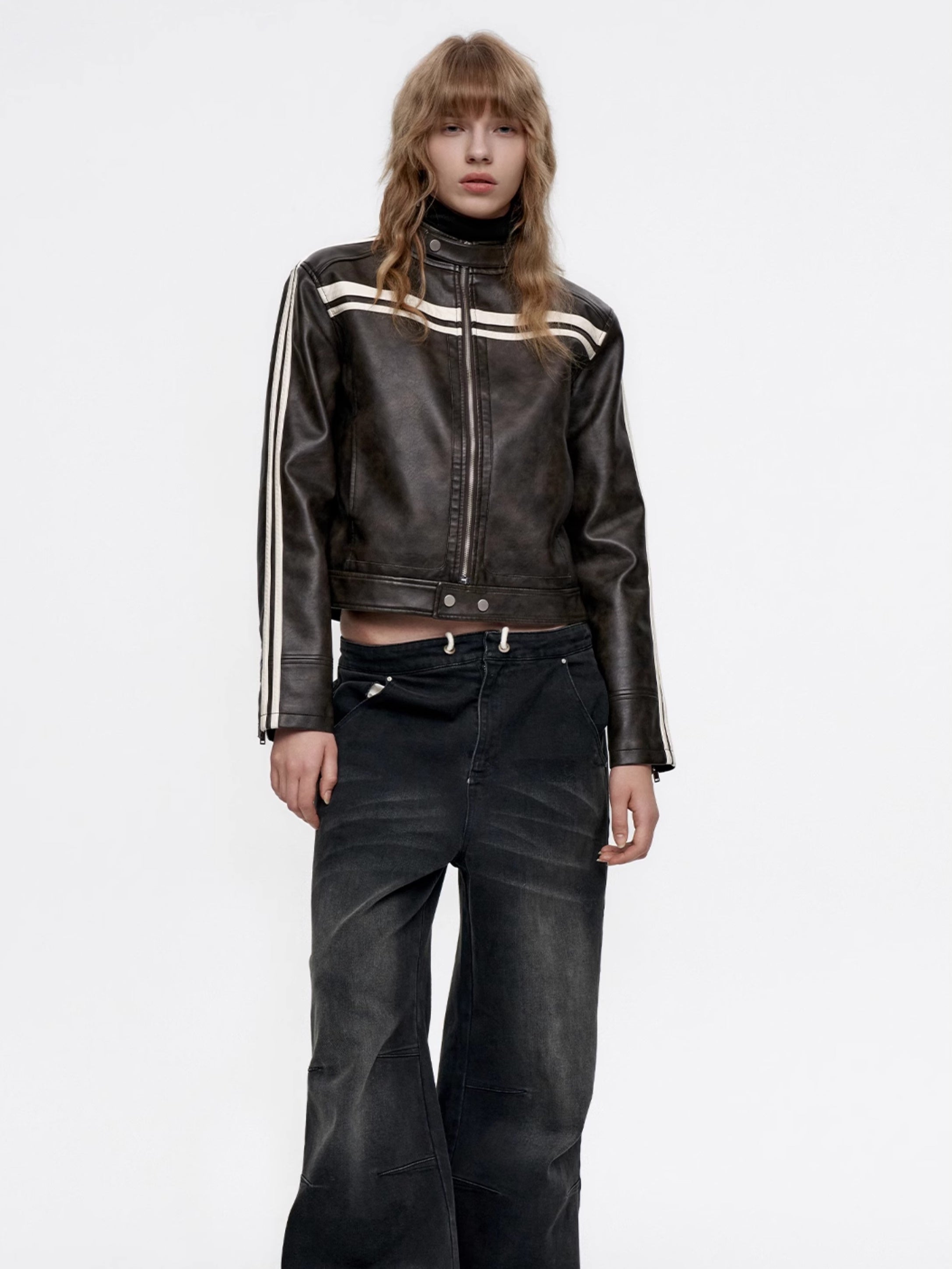 Line Casual Short Smooth Sporty Leather-Jacket