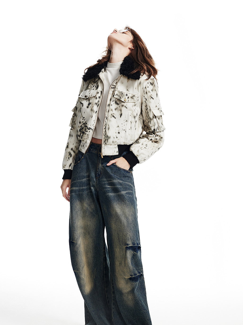 Boa-Collar Speckled Leopard Short Jacket