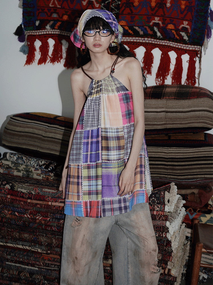 Patchwork Fancy Checked Back-Open Dress