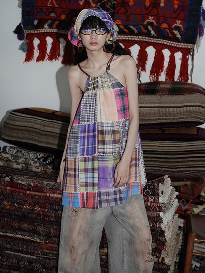 Patchwork Fancy Checked Back-Open Dress