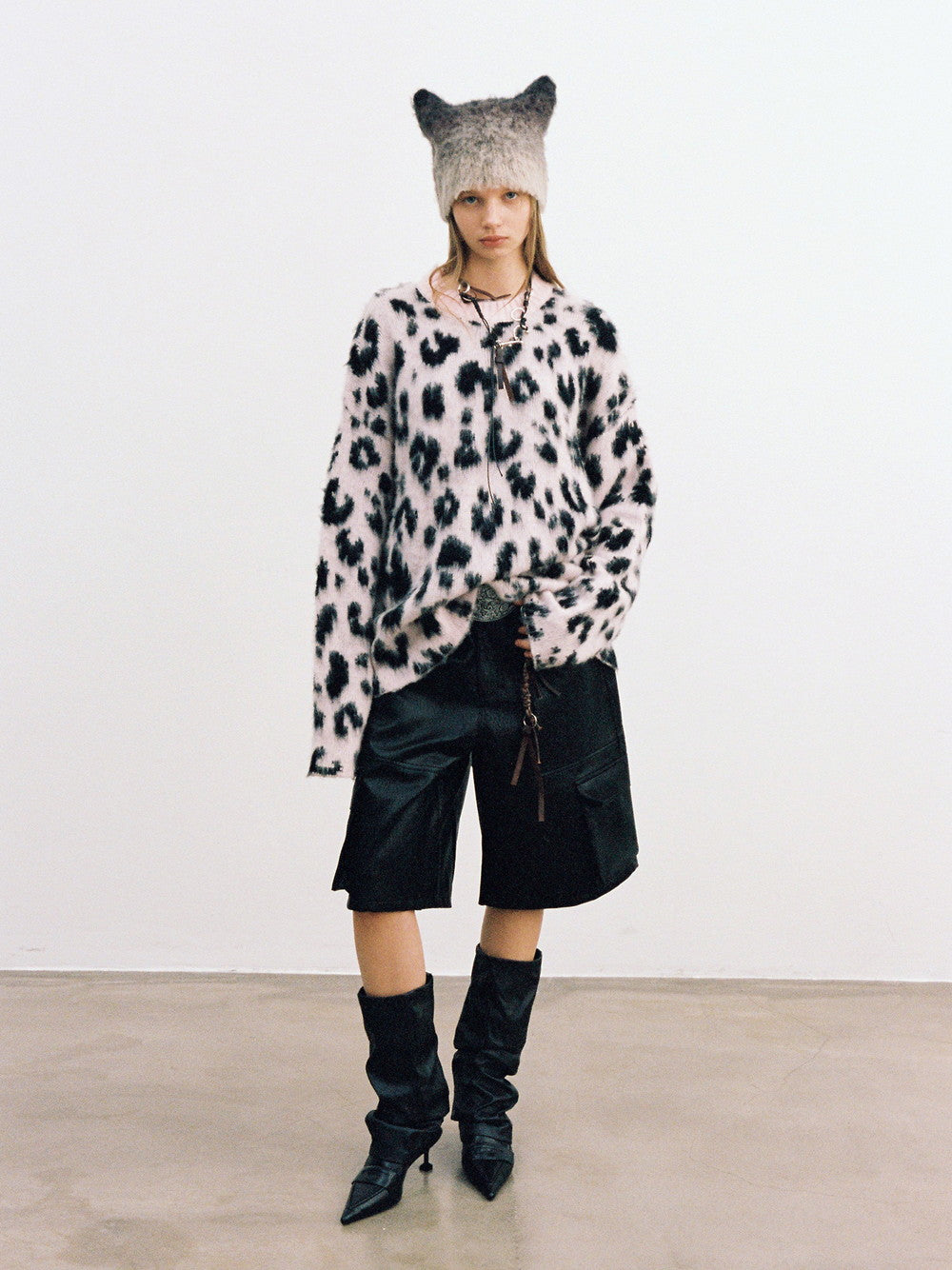 Unisex Leopard Fluffily Casual Loose Oversize Crew-Neck Mohair-Knit