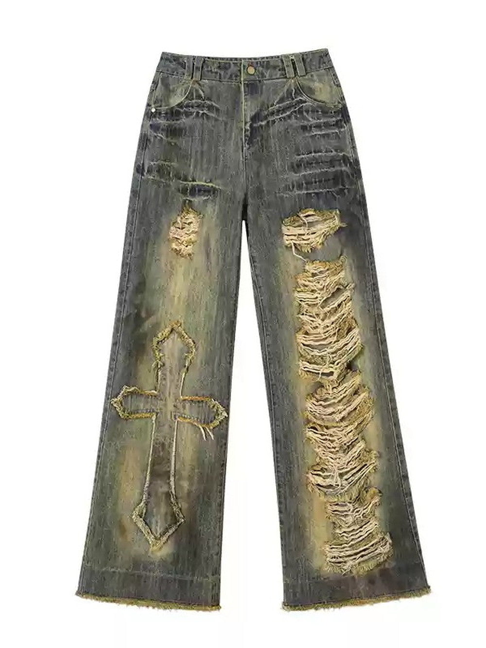 Denim Damage Cross Crash Stright Pants