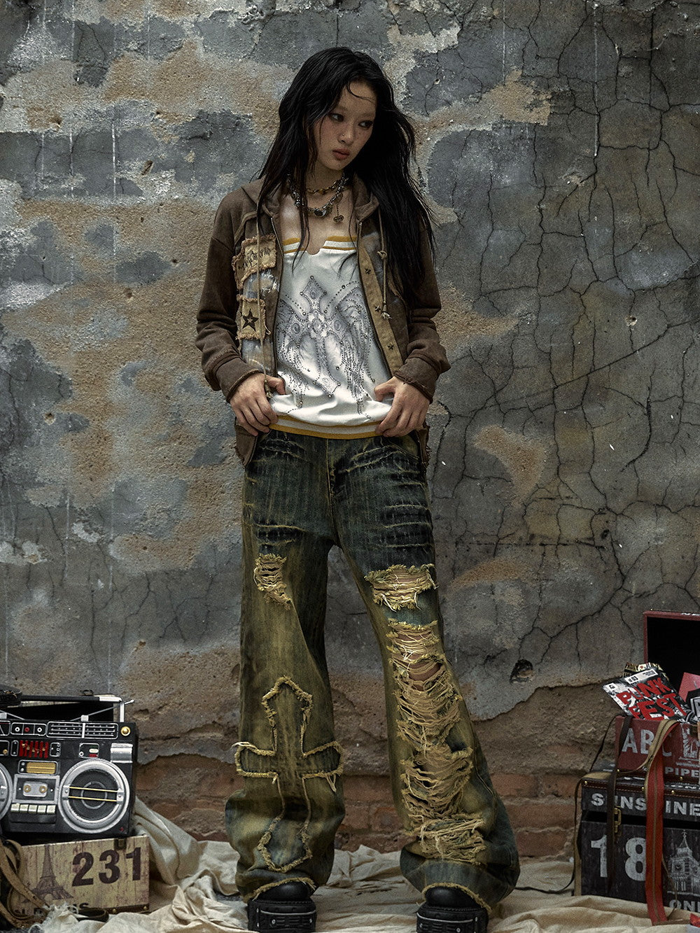 Denim Damage Cross Crash Stright Pants