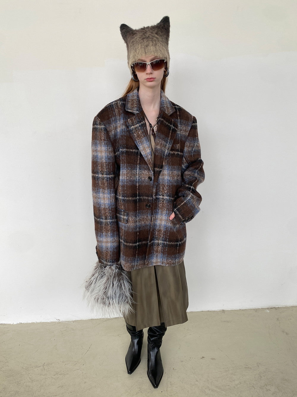 Unisex Checked Retro Drop^Shoulder Wool Jacket