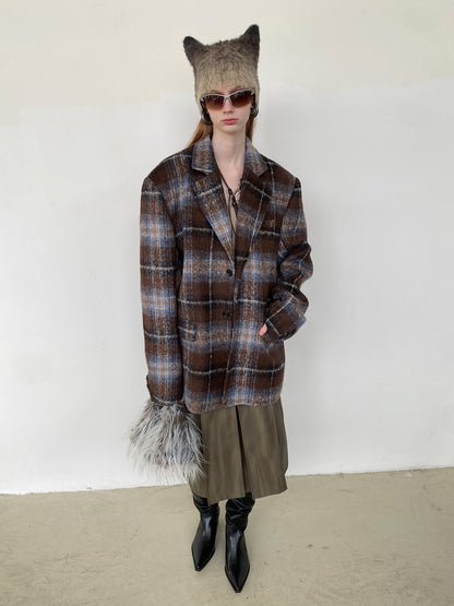 Unisex Checked Retro Drop^Shoulder Wool Jacket