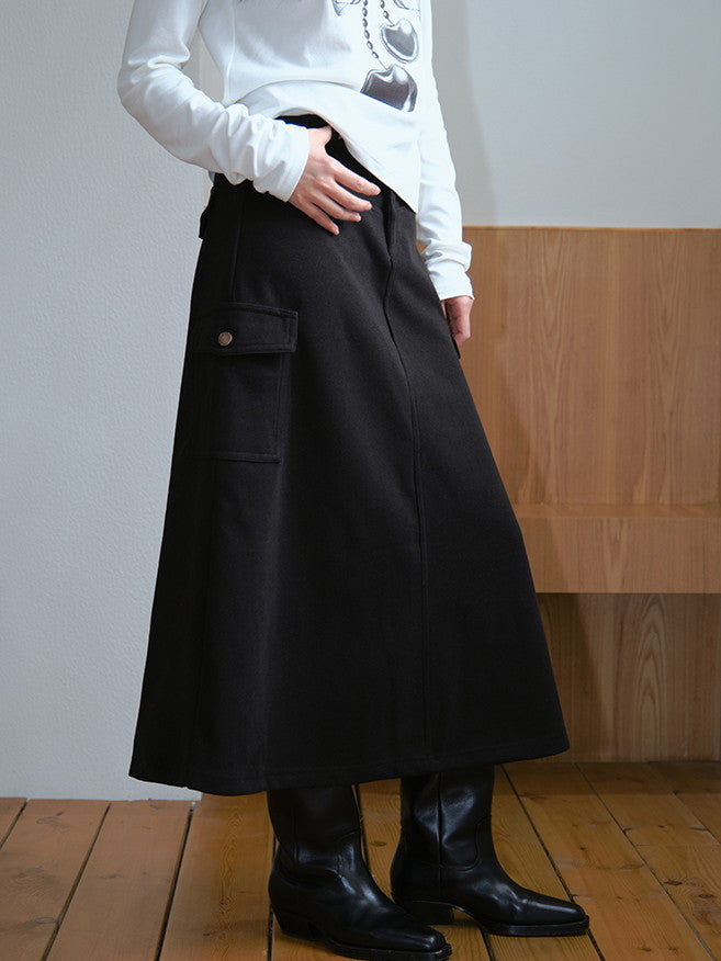 Plain Side-Pocket A-Line High-Waist Long-Skirt