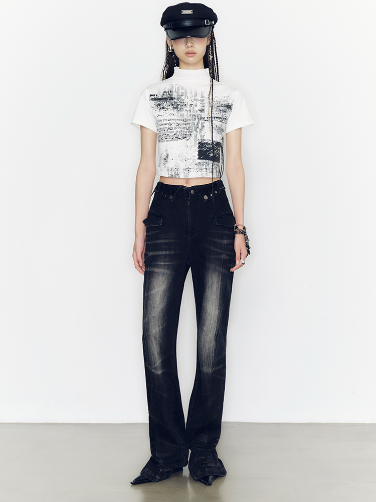 Denim Casual Faded Flare-Pants