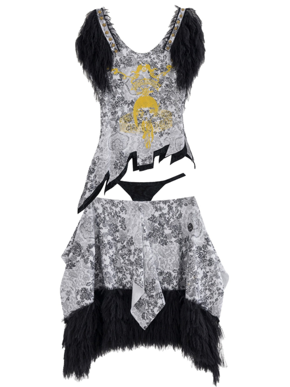 Fur Asymemtry Lace Flower Monotone Tops&amp;Skirt