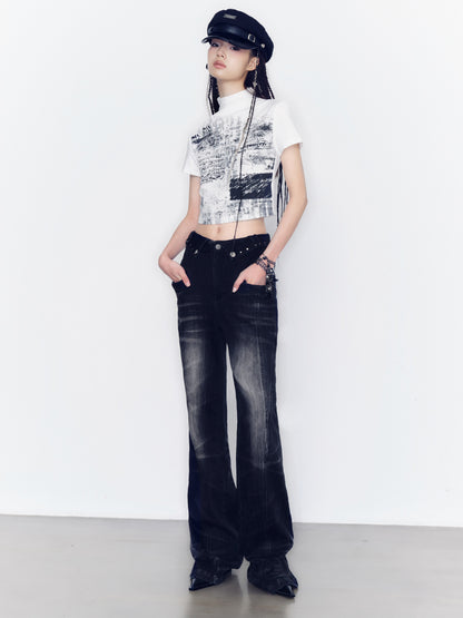 Denim Casual Faded Flare-Pants