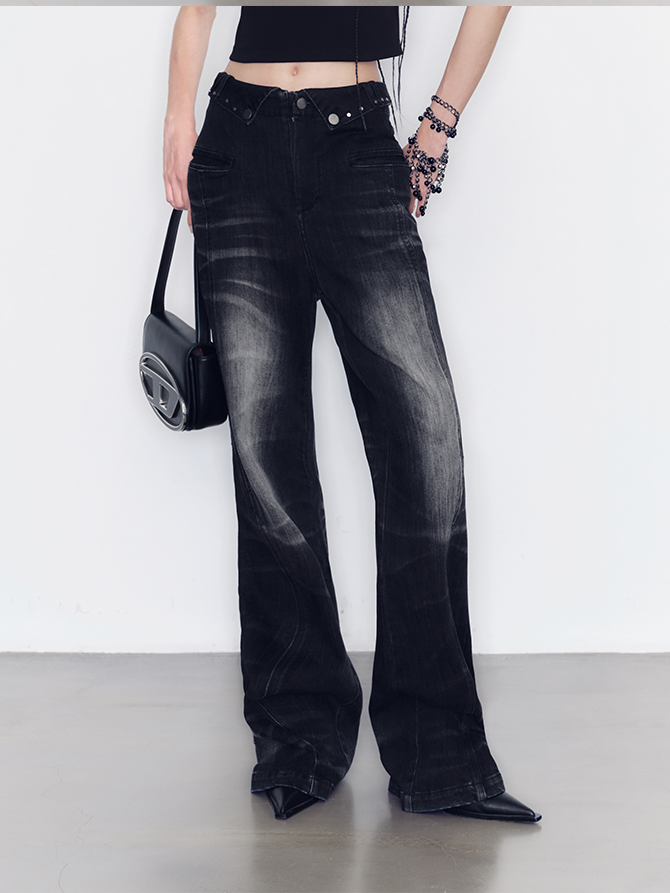 Denim Casual Faded Flare-Pants