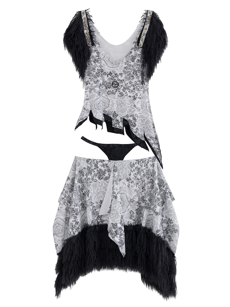 Fur Asymemtry Lace Flower Monotone Tops&amp;Skirt