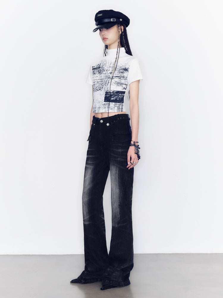 Denim Casual Faded Flare-Pants