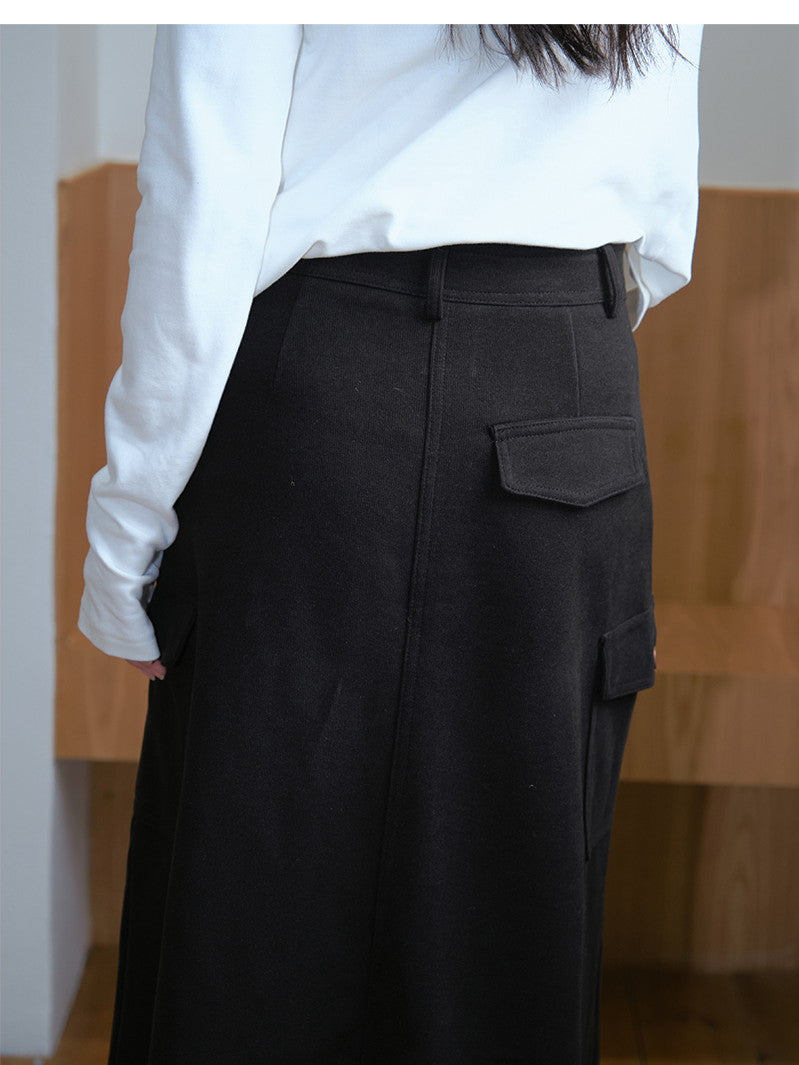 Plain Side-Pocket A-Line High-Waist Long-Skirt