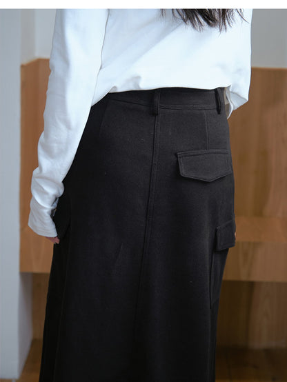 Plain Side-Pocket A-Line High-Waist Long-Skirt