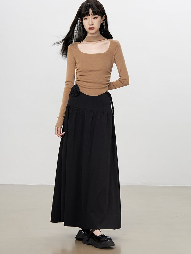 Flare A-Line Plain Rose Natural Long-Skirt