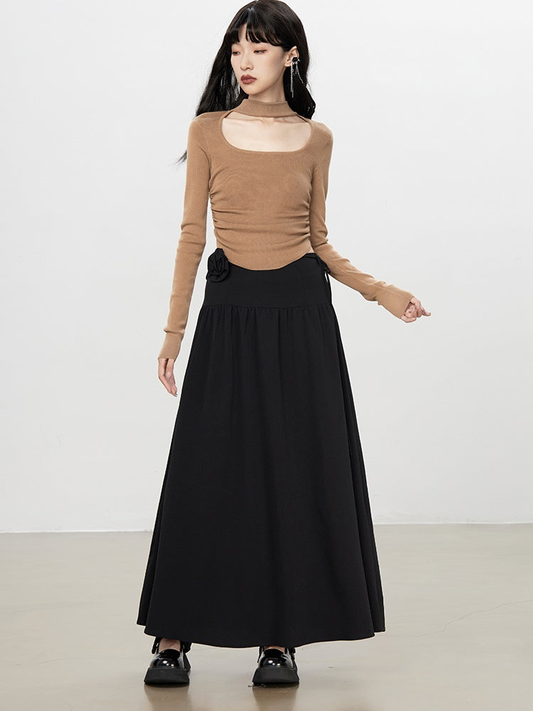 Flare A-Line Plain Rose Natural Long-Skirt