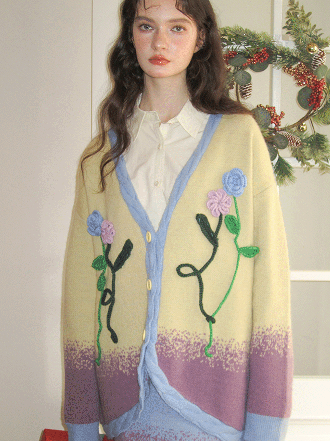 Embroidery Flower-Motif Vintage Retro Gradation Cardigan&amp;Long-Skirt