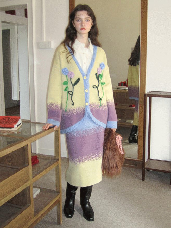 Embroidery Flower-Motif Vintage Retro Gradation Cardigan&amp;Long-Skirt